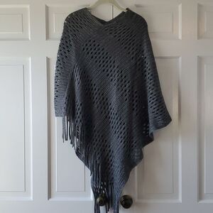 STEVE MADDEN PONCHO STEEL GRAY SPARKLE FRINGE POINTELLE KNIT BOHO